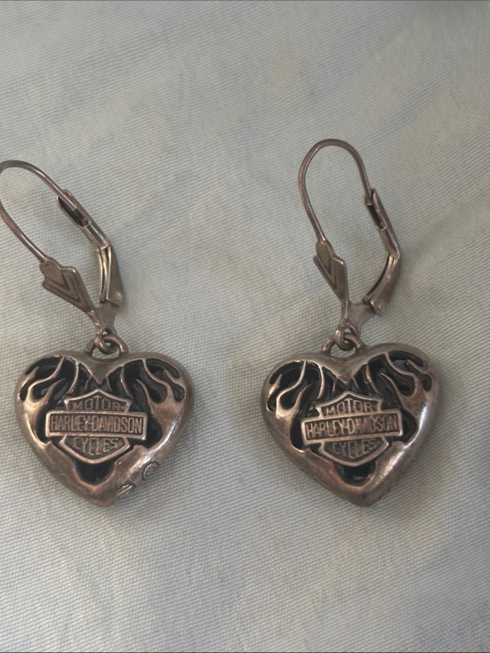 Harley-Davidson Silver Heart Flame Logo Leverback Earrings with Black Detailing